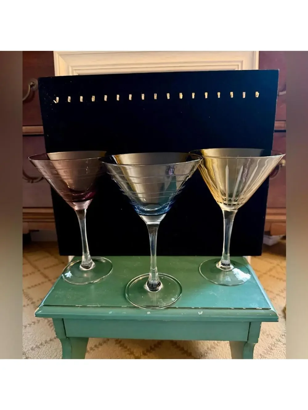 Colored and Etched Martini Glasses Vintage set of 3